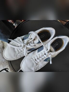 Lacoste White Sneakers with Blue Panels and Green Croc